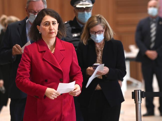 NSW Premier Gladys Berejiklian arrives to give her daily Covid update . Picture: NCA NewsWire / Jeremy Piper