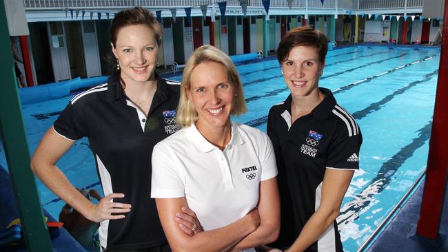 Olympian Susie O'Neill, who commentated on Foxtel during the London Olympics, meets with Brisbane swimming champs (left) Cate and (right) Bronte Campbell in 2012. Picture: Jodie Richter.