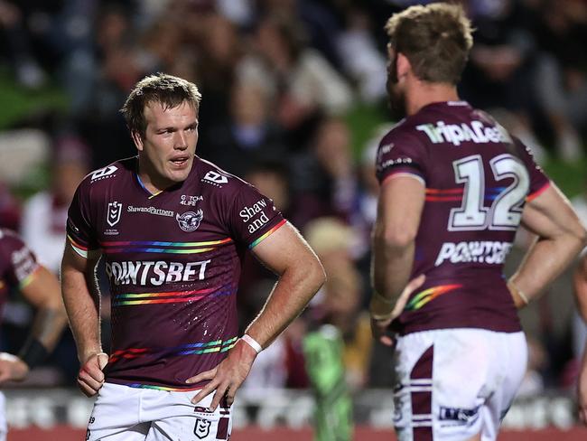 SYDNEY, AUSTRALIA - JULY 28:  Jake Trbojevic of the Sea Eagles looks on after a Roosters try during the round 20 NRL match between the Manly Sea Eagles and the Sydney Roosters at 4 Pines Park on July 28, 2022, in Sydney, Australia. (Photo by Cameron Spencer/Getty Images)