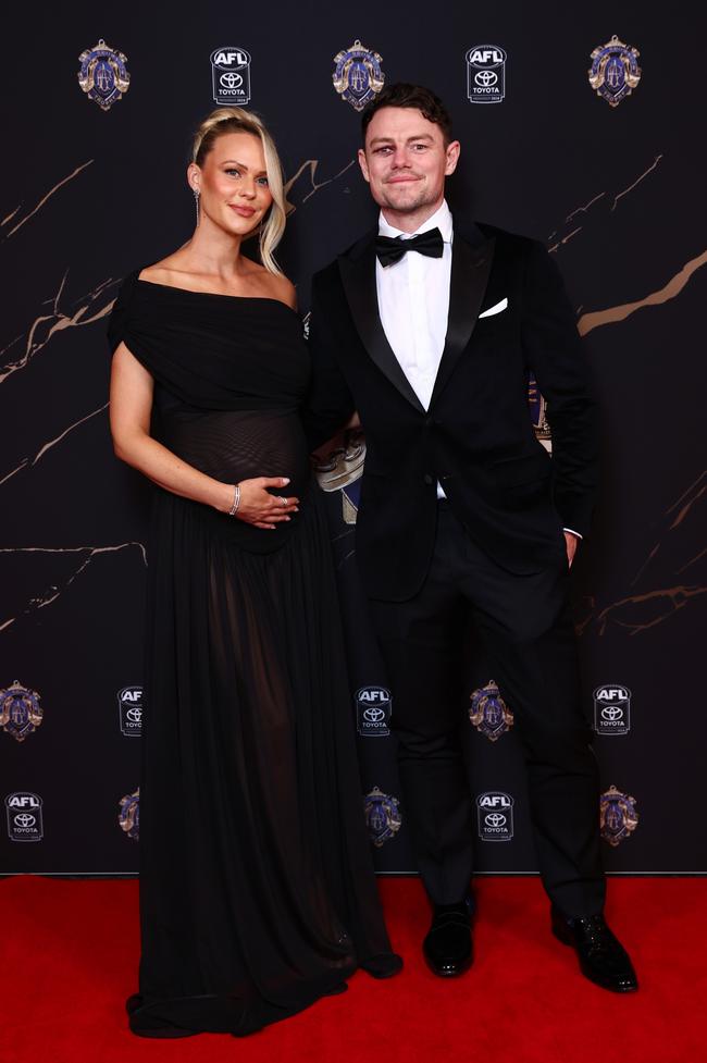 Lachie Neale of the Brisbane Lions and wife Jules Neale arrive ahead of the 2024 Brownlow Medal function at The Gabba. (Photo by Chris Hyde/AFL Photos/via Getty Images)