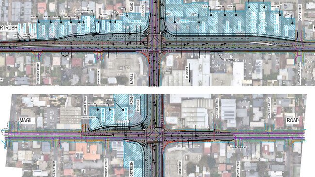 Two images highlighting properties to be demolished for the upgrade. The top image is Portrush Rd running horizontally. The bottom is Magill Rd running horizontally. Picture: DPTI.