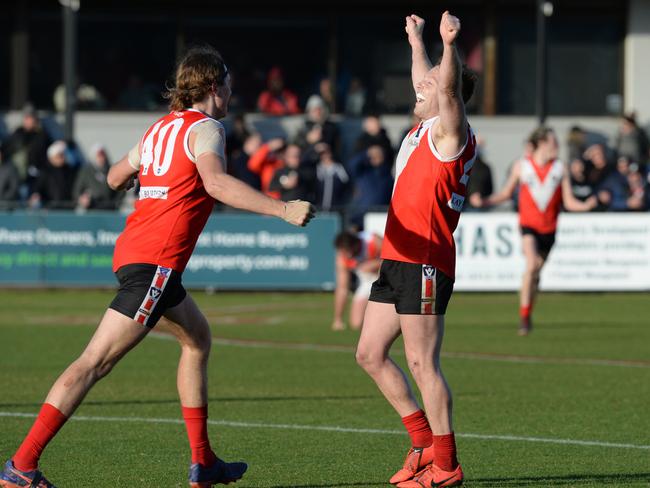 Red Hill players Harry Wynn-Pope (left) and Jake Mold celebrate in 2019. Picture: Chris Eastman