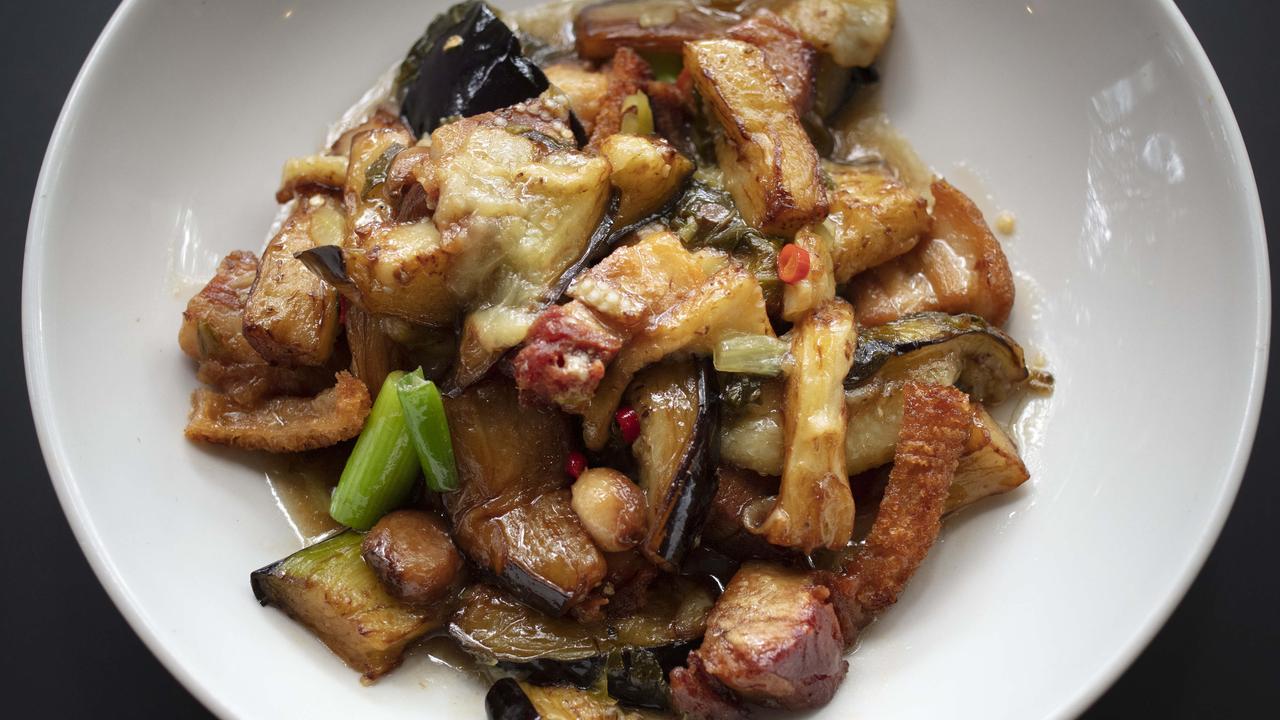 Eggplant with Roast Pork Belly at Happy Boy. Photography: Russell Shakespeare