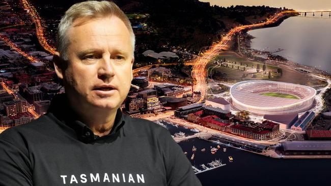 Jeremy Rockliff with the AFL’s image of Hobart’s Macquarie Point Stadium.