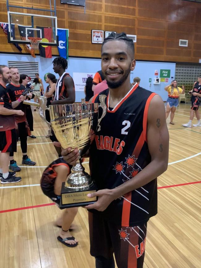 Eagles star Chris Elder celebrates a DBA Championship title after starring in the 2020 final against Tracy Village. Picture: Nathaniel Chambers