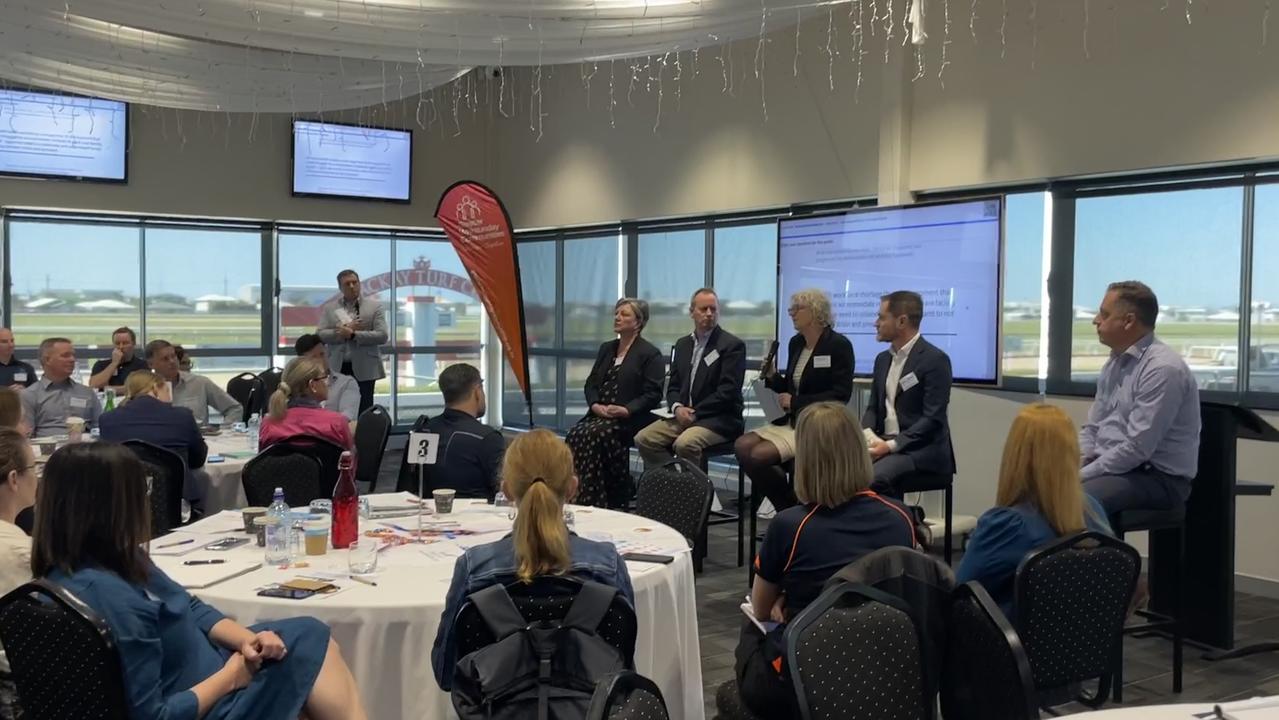 Greater Whitsunday Housing Summit panel including QShelter's Fiona Caniglia, UDIA's Sean Sandford, architect Amy Degenhart, Blue CHP's Darren Mew and Woollam Constructions' Craig Percival. Photo: Zoe Devenport