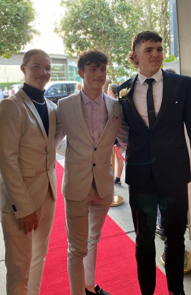 Joey Holland, Ryan Evans and Jack Robertson at the 2022 Beerwah State High formal.