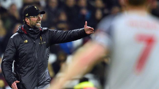 Liverpool's German manager Jurgen Klopp directs his players during the English Premier League football match against West Ham United at The London Stadium. Picture: AFP