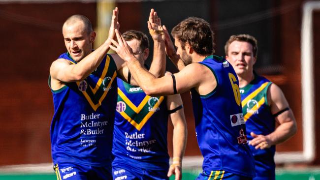 Jaye Bowden of St Virgils celebrates a goal in the Old Scholars Grand Final Picture: Linda Higginson / Solstice Digital