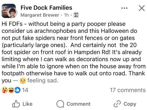 Screenshot of a social media post where a resident in Hampden Road Five Dock has been asking people on social media to stop putting up spiders as halloween decorations due to her arachnophobia.