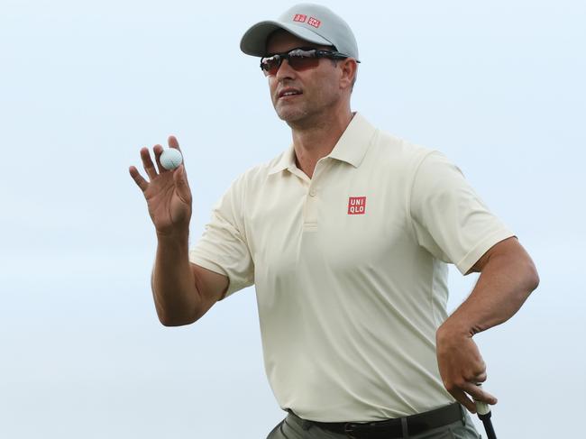 KAPALUA, HAWAII - JANUARY 02: Adam Scott of Australia reacts on the 13th greenduring the first round of The Sentry 2025 at Plantation Course at Kapalua Golf Club on January 02, 2025 in Kapalua, Hawaii. (Photo by Sarah Stier/Getty Images)