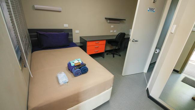 A single person’s room at the Howard Springs Quarantine centre. Picture GLENN CAMPBELL