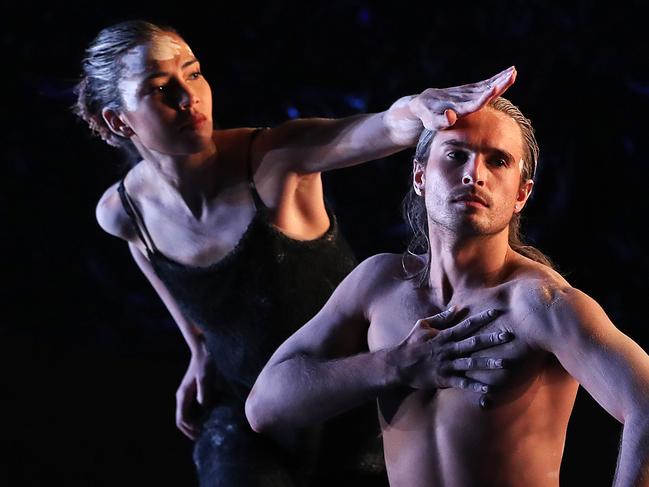 SYDNEY, AUSTRALIA - JUNE 09: Dancers Rika Hamaguchi and Baden Hitchcock perform during a media preview of Bangarra Dance Theatre's new production SandSong at Sydney Opera House on June 09, 2021 in Sydney, Australia. (Photo by Mark Metcalfe/Getty Images)