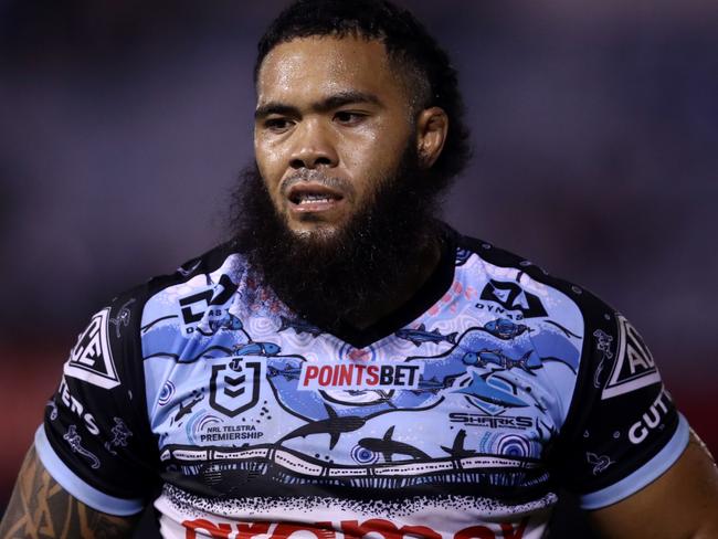 SYDNEY, AUSTRALIA - MAY 28: Siosifa Talakai of the Sharks looks on during the round 12 NRL match between the Cronulla Sharks and the Sydney Roosters at PointsBet Stadium on May 28, 2022 in Sydney, Australia. (Photo by Jason McCawley/Getty Images)