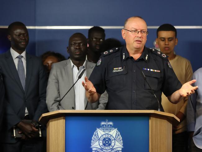 Chief Commissioner Graham Ashton and African community leaders at a press conference addressing the African gang crisis in Melbourne. Picture: Alex Coppel