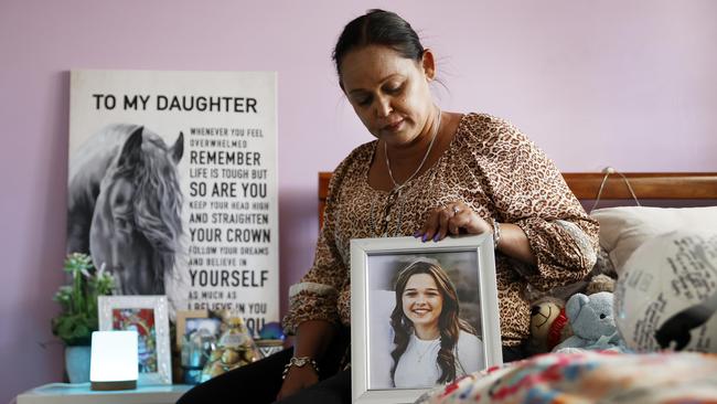 Samantha Trimarchi in the bedroom of her daughter Gabby McLennan who was one of the victims of the Buxton car crash that killed five teenage friends. Picture: Jonathan Ng