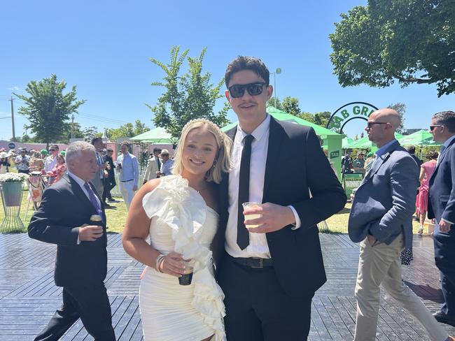 Ame Moore and Brodie Hollins enjoying the Melbourne Cup. Picture: Oscar Jaeger