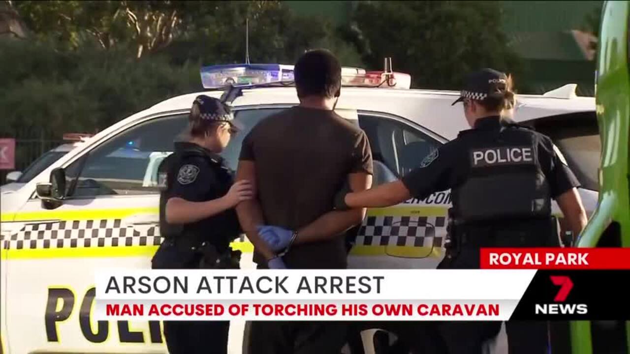 Caravan Park arson attack (7NEWS)