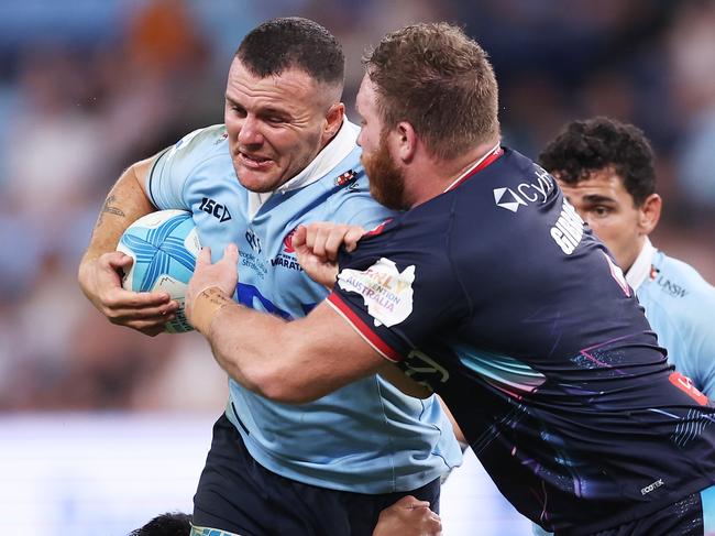 SYDNEY, AUSTRALIA - MARCH 29: Dylan Pietsch of the Waratahs is tackled during the round six Super Rugby Pacific match between NSW Waratahs and Melbourne Rebels at Allianz Stadium, on March 29, 2024, in Sydney, Australia. (Photo by Matt King/Getty Images)