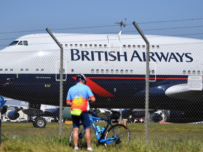 A British Airways plane sits on the apron at Bournemouth airport in southern England. Picture: AFP