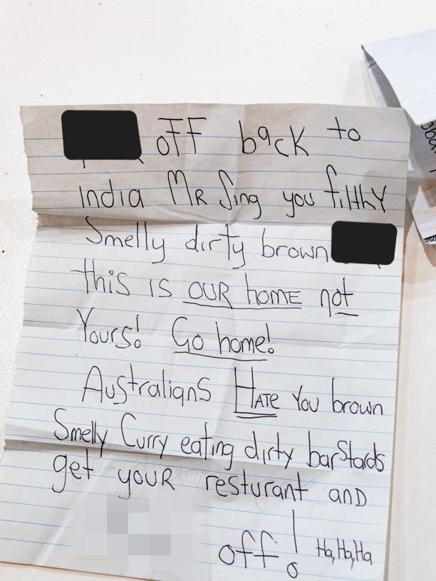 A photo of a racist letter Mr Singh was mailed. Photographed by Linda Higginson.