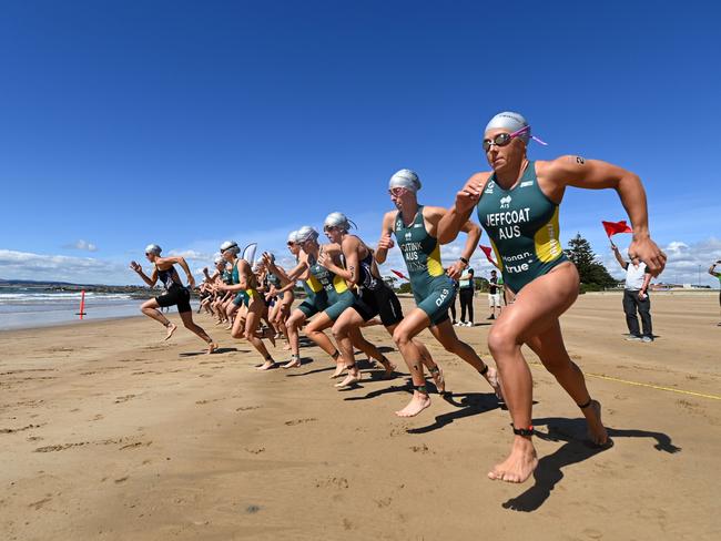 Competitors prepare for the swim leg at the Devonport Triathlon. Picture: Delly Carr