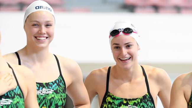 Minna Atherton and Kaylee McKeown at an Australian Dolphins team training camp in July. (Photo by Delly Carr/Getty Images)