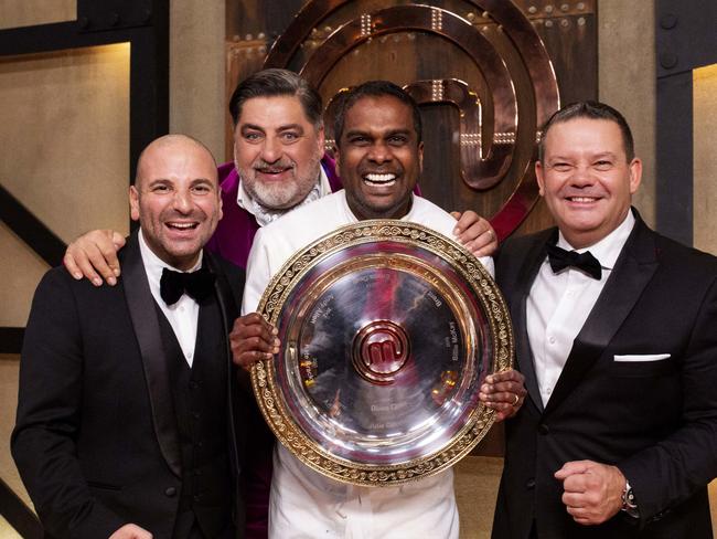 An overjoyed Sashi Cheliah with judges George Calombaris, Matt Preston and Gary Mehigan.