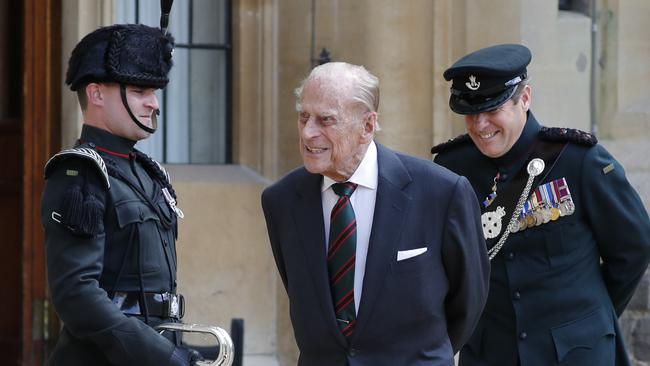 Prince Philip, flanked by Assistant Colonel Commandant, Major General Tom Copinger-Symeas (R) takes part in the transfer of the Colonel-in-Chief of The Rifles at Windsor Castle. Picture: Getty Images.