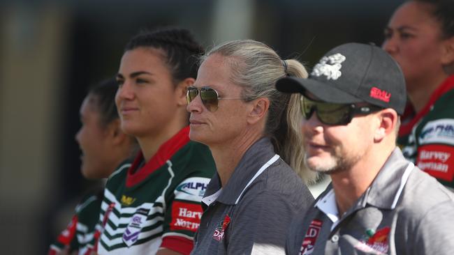 South East Queensland coach Tahnee Norris (middle), between player Millie Boyle and assistant coach Aaron Zimmerle. Picture: Jason O'Brien/NRL Photos