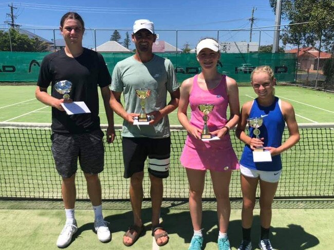 AMT men's finalists Winter Meagher and Brendon Moore with AMT women's finalists Sienna Leeson and Emerson Jones. Picture: North East Tennis