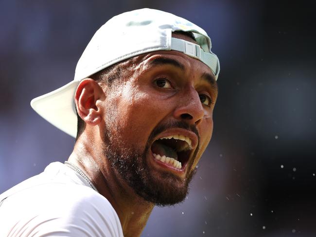 LONDON, ENGLAND - JULY 10: Nick Kyrgios of Australia reacts against Novak Djokovic of Serbia during their Men's Singles Final match on day fourteen of The Championships Wimbledon 2022 at All England Lawn Tennis and Croquet Club on July 10, 2022 in London, England. (Photo by Julian Finney/Getty Images)