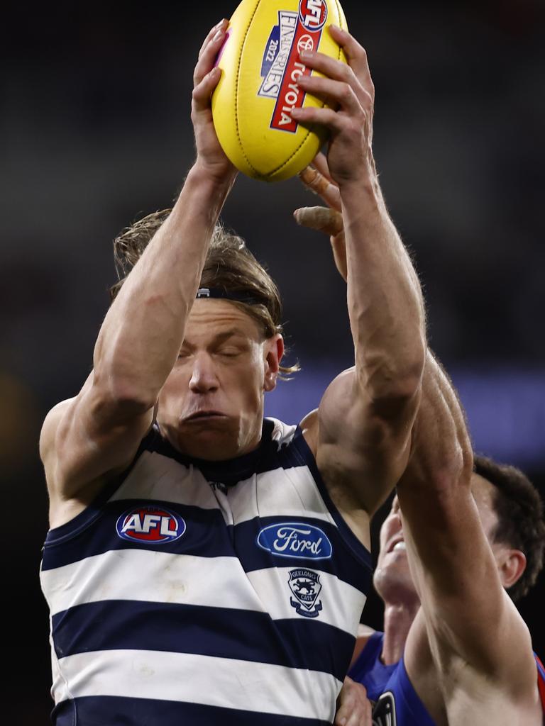 Rhys Stanley marks strongly against the Lions. Picture: Darrian Traynor/AFL Photos