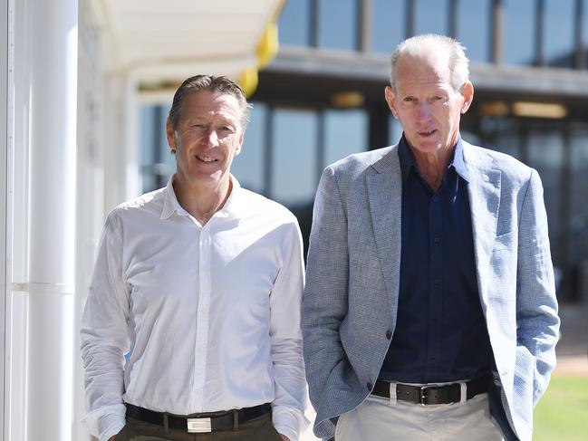 Brisbane Broncos coach Wayne Bennett (right) and Melbourne Storm coach Craig Bellamy arrive at the NRL Sportsman's Lunch in Toowoomba, Queensland, Friday, June 1, 2018. (AAP Image/Dan Peled) NO ARCHIVING