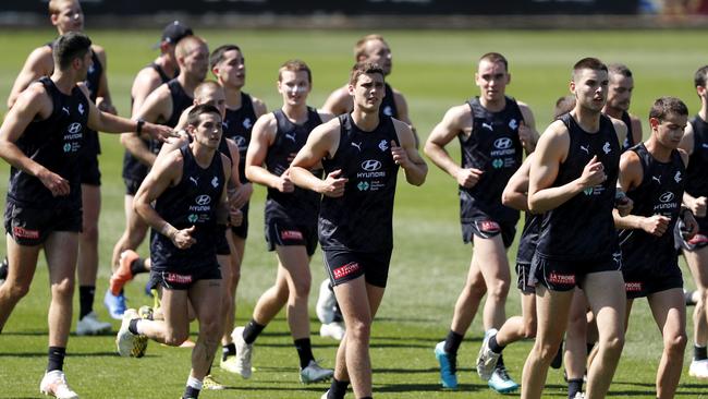 The Blues squad comes together for a couple of run throughs. Picture: AFL Photos via Getty Images