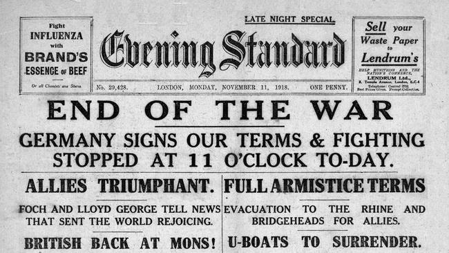 1918 Evening Standard (London) front page reporting the Armistice and the surrender of Germany