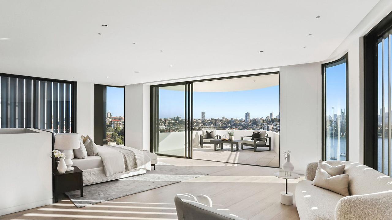 How’s this for a master bedroom? it features a walk-in-robe and a luxurious ensuite with a bath, and a sizeable entertaining terrace extends from it, providing uninterrupted views of the city skyline, the Sydney Harbour Bridge, and the Opera House. Picture: Supplied