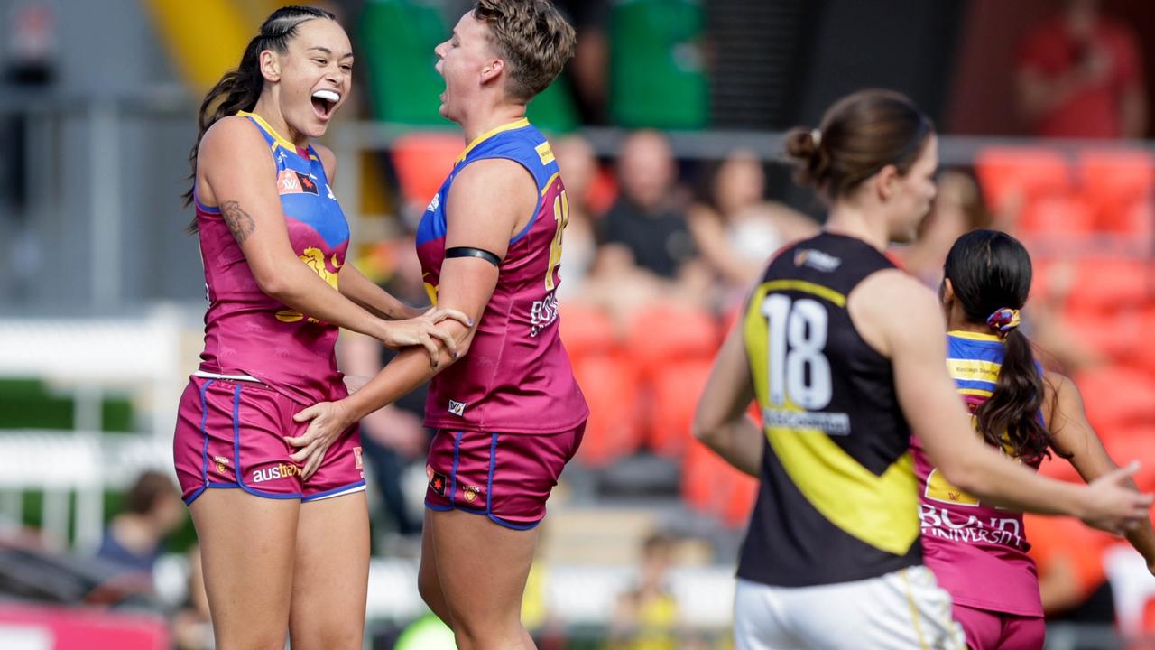 GOLD COAST, AUSTRALIA - NOVEMBER 05: Jesse Wardlaw of the Lions celebrates a goal during the 2022 S7 AFLW First Qualifying Final match between the Brisbane Lions and the Richmond Tigers at Metricon Stadium on November 5, 2022 in the Gold Coast, Australia. (Photo by Russell Freeman/AFL Photos via Getty Images)