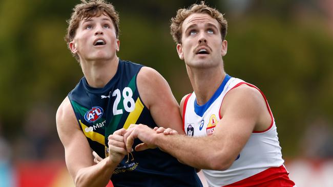 MELBOURNE, AUSTRALIA - APRIL 27: Jobe Shanahan of the AFL Academy and Lachlan Smith of the Bulldogs in action during the 2024 AFL Academy match between the Marsh AFL National Academy Boys and Footscray Bulldogs at Whitten Oval on April 27, 2024 in Melbourne, Australia. (Photo by Michael Willson/AFL Photos via Getty Images)