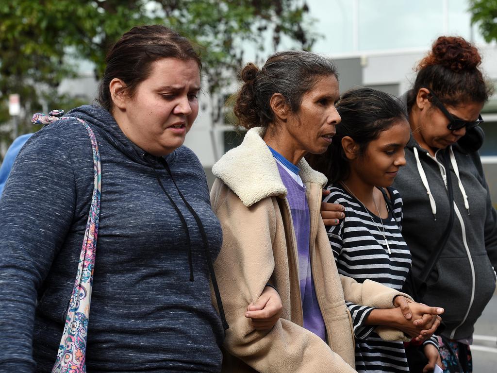 Family of Adeline Yvette Rigney-Wilson, including sister Juanita Rigney-Wilson (third from left), leave the Elizabeth Magistrates Court on Tuesday. Picture: Roger Wyman