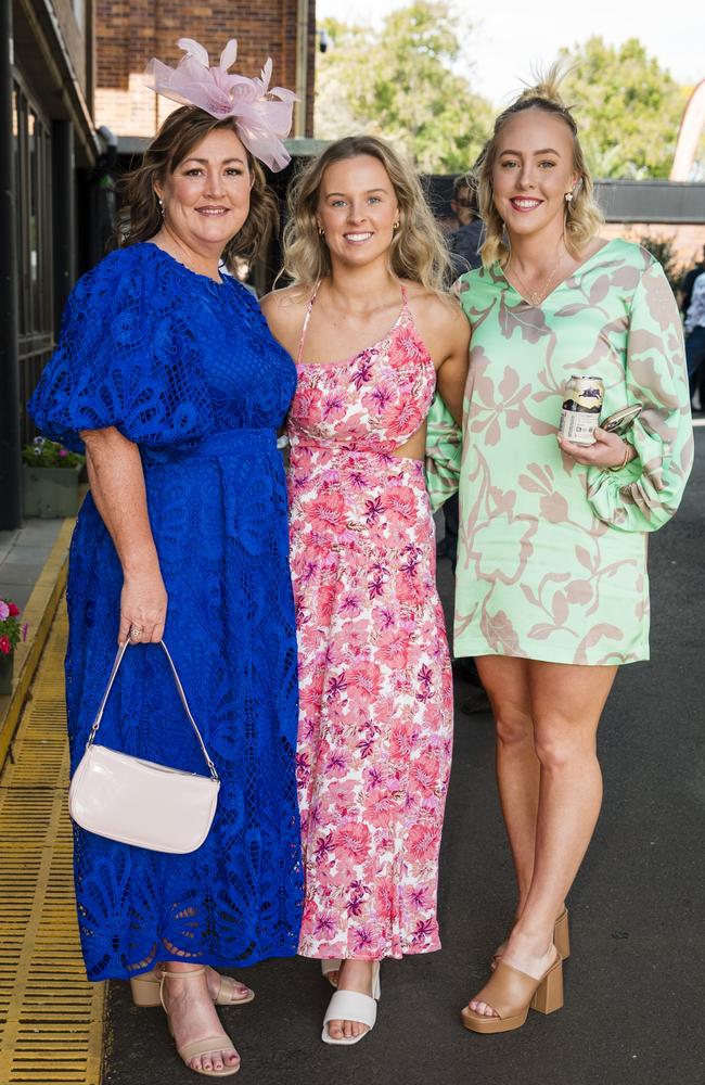 At 2023 Audi Centre Toowoomba Weetwood race day are (from left) Rebecca Gaske, Ainsley Haimes and Danah Gaske. Picture: Kevin Farmer