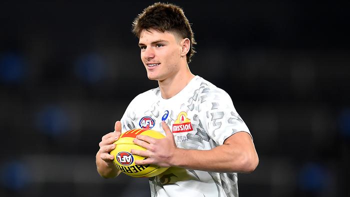 BRISBANE, AUSTRALIA - JUNE 30: Dominic Bedendo of the Bulldogs warms up ahead of the round 16 AFL match between the Brisbane Lions and the Western Bulldogs at The Gabba on June 30, 2022 in Brisbane, Australia. (Photo by Albert Perez/AFL Photos via Getty Images)