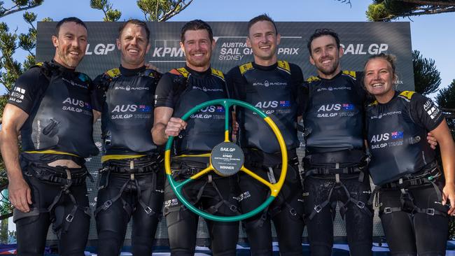 Tom Slingsby and Kyle Langford (holding steering wheel) won plenty of SailGP events together. Photo: Brett Phibbs for SailGP.