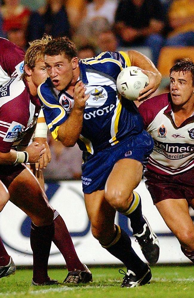 Cowboys Luke O'Donnell makes his break: NRL Rugby League, Round 1 2004. North Queensland Cowboys v Manly Sea Eagles at Dairy Farmers Stadium, Townsville, Saturday March 13th 2004. Digital image by Michael Chambers Action Photographics Picture: SUPPLIED