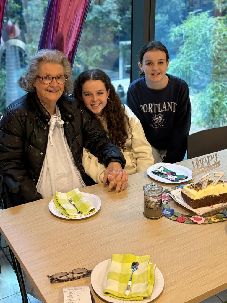 77-year-old Jill Sculley and her two grandchildren celebrating her birthday in hospital. Picture: Supplied