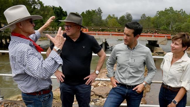 From left: Kennedy MP Bob Katter, Anthony Albanese, Queensland Premier David Crisafulli and Emergency Management Minister Jenny McAlister inspect the floodwaters in north Queensland. Picture: Evan Morgan