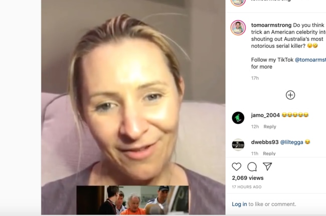 Tom shared the video of actress Beverley Mitchell, with pictures of serial killer Ivan Milat included. Picture: Instagram