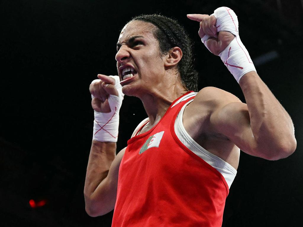 Algeria's Imane Khelif celebrates her victory over Hungary's Anna Luca Hamori in the women's 66kg quarter-final boxing match. Picture: AFP