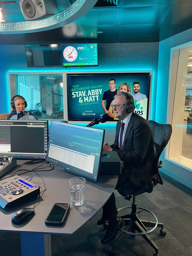 Australian Prime Minister Anthony Albanese in Brisbane’s B105 radio studio with Stav Davidson, Abby Coleman and Matt Acton where he joined them in tasting a new ‘brown snake’ lolly released as a tribute to the Brisbane river and its nickname. Picture: Supplied