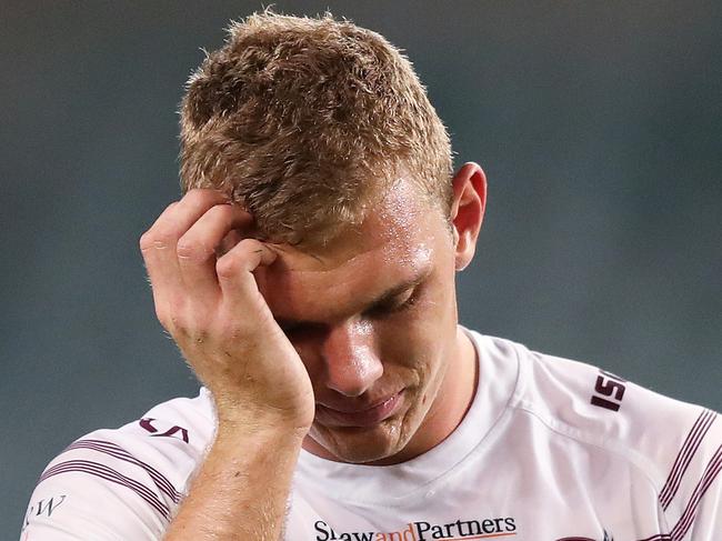 A dejected Manly's Tom Trbojevic at full time in the Sydney Roosters v Manly rugby league game at Allianz Stadium, Sydney. Picture: Brett Costello